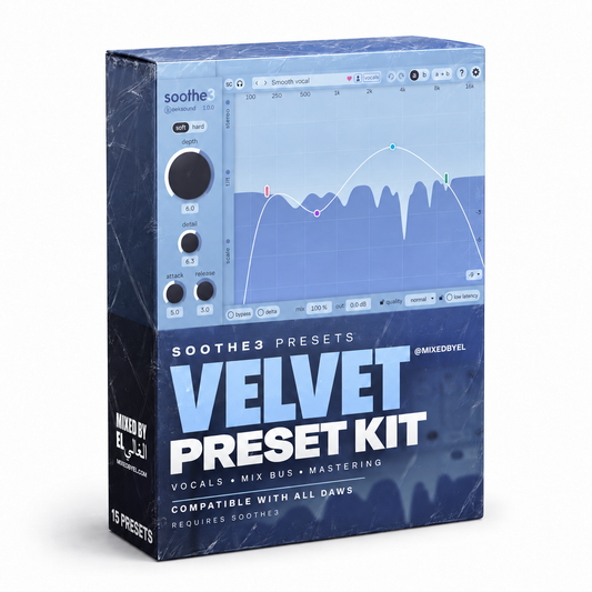 Velvet by MixedByEl, a blue box cover for the 15-preset soothe3 kit for vocals, mix bus and mastering.