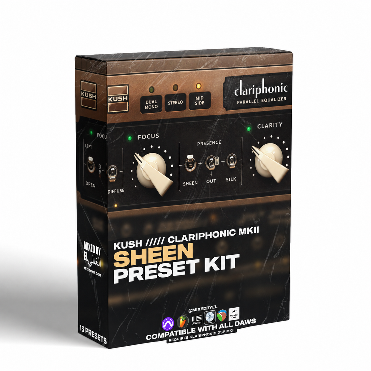 Sheen by MixedByEl: bronze and charcoal box cover for 15 Clariphonic MKII presets for vocals, doubles, drums and mastering.